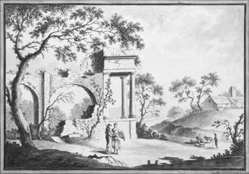 Paisaje italiano con ruinas clásicas y pastores